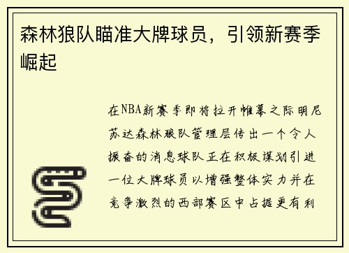 森林狼队瞄准大牌球员，引领新赛季崛起